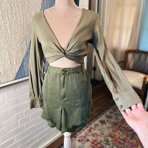 Zara Olive Green Linen Blend Waist Tie Blouse